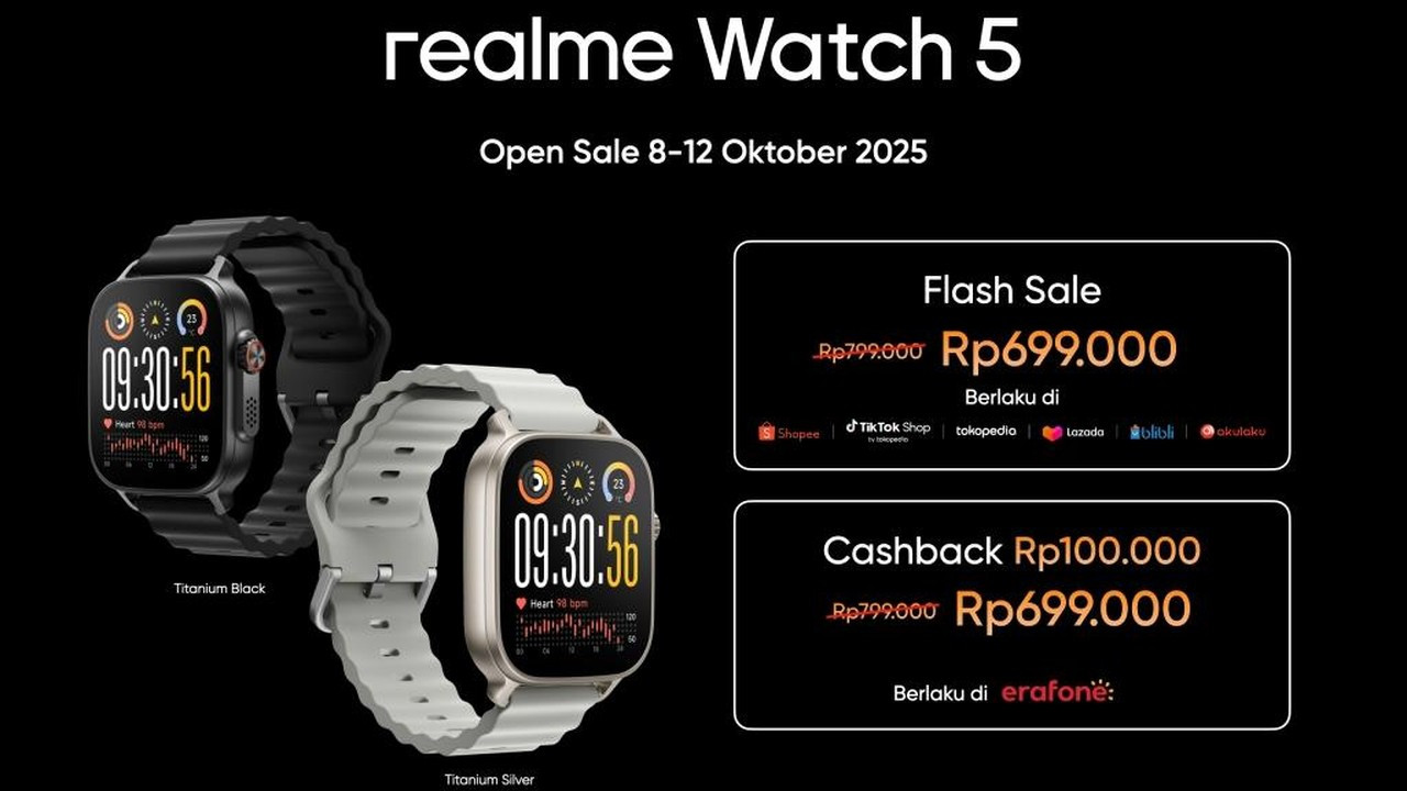 Realme Watch 5 Resmi Meluncur dengan Harga Mulai Rp 600 Ribuan